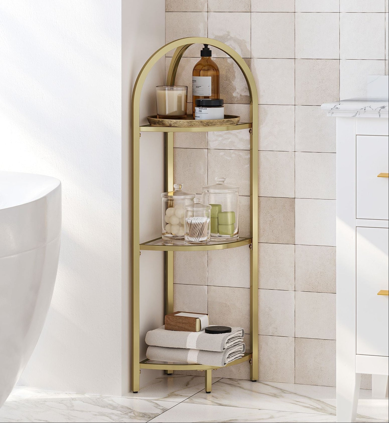 Eckregal mit Glasböden – 3 Ebenen, Gold, Modernes Design für Bad & Woh – Stadtkind