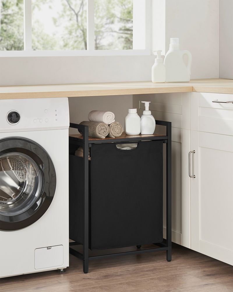 Schwarzer Wäschekorb mit Holzablagefläche - Wäschebehälter mit einem Fach (65L) fürs Badezimmer, Schlafzimmer