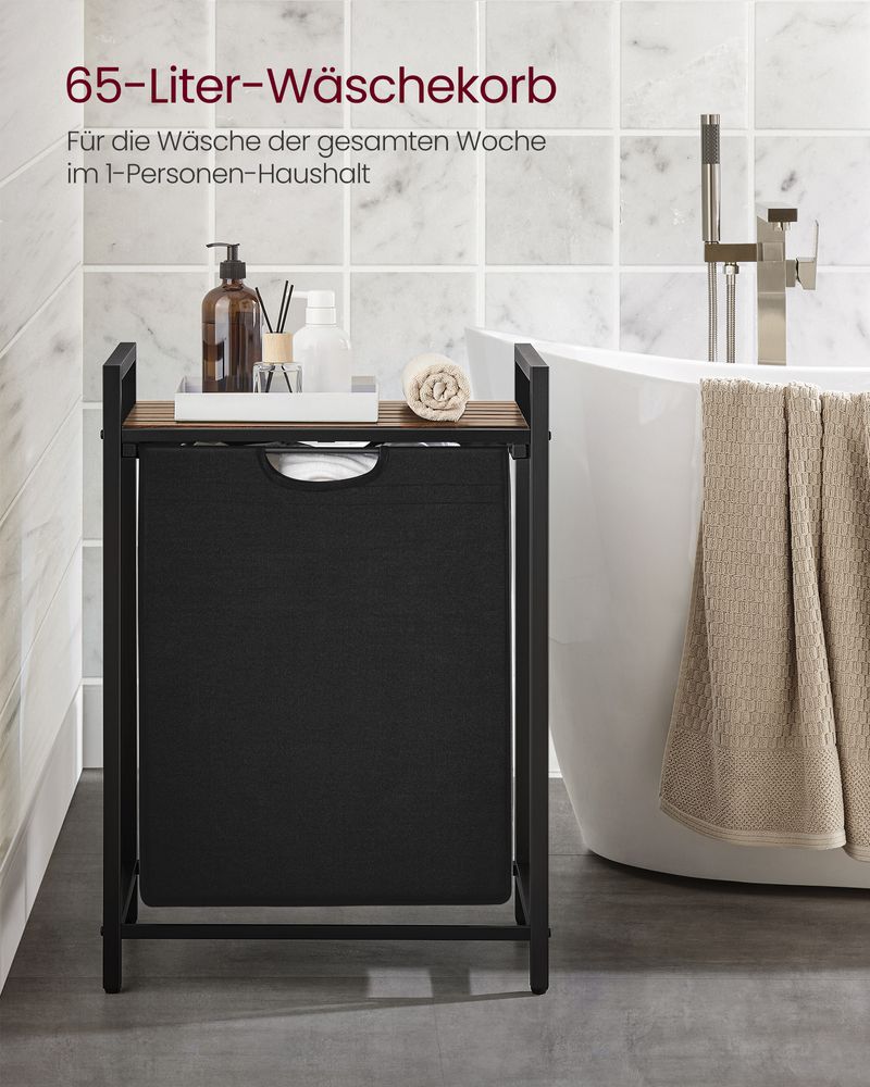 Schwarzer Wäschekorb mit Holzablagefläche - Wäschebehälter mit einem Fach (65L) fürs Badezimmer, Schlafzimmer