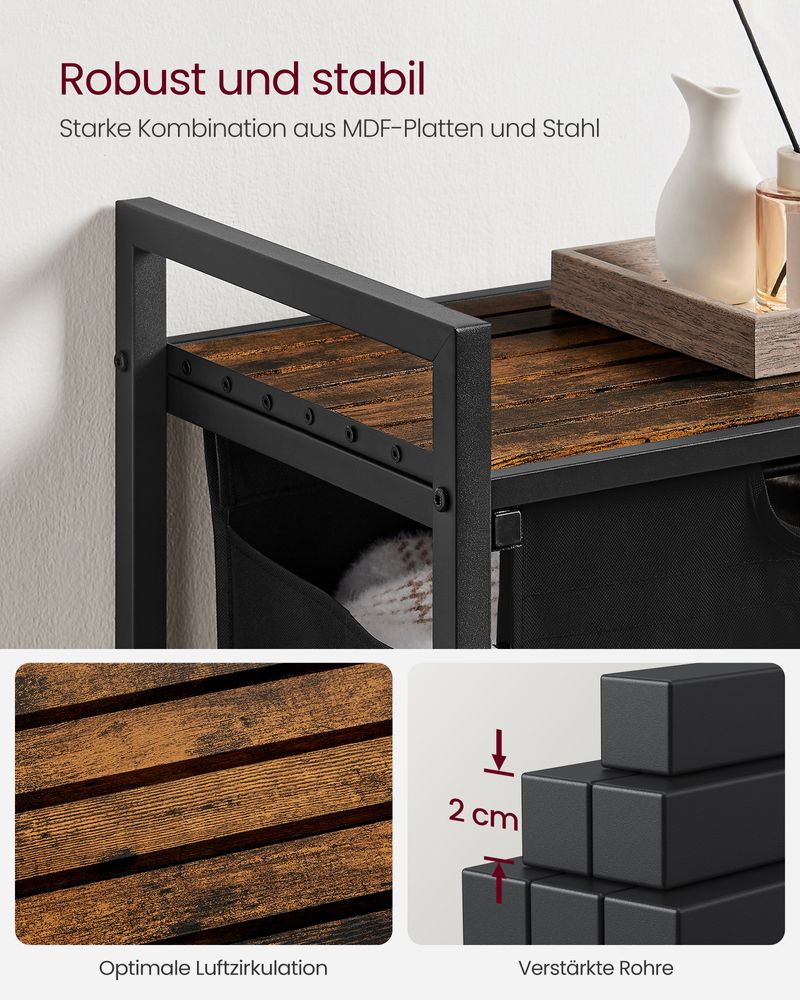 Schwarzer Wäschekorb mit Holzablagefläche - Wäschebehälter mit einem Fach (65L) fürs Badezimmer, Schlafzimmer