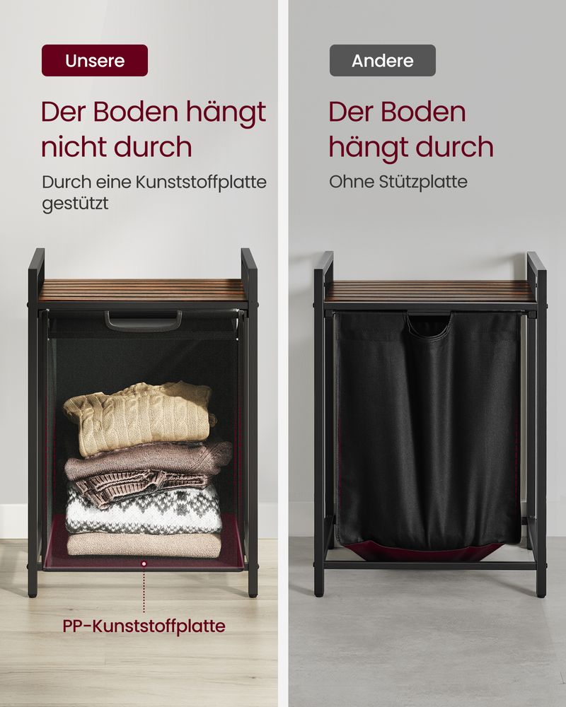 Schwarzer Wäschekorb mit Holzablagefläche - Wäschebehälter mit einem Fach (65L) fürs Badezimmer, Schlafzimmer