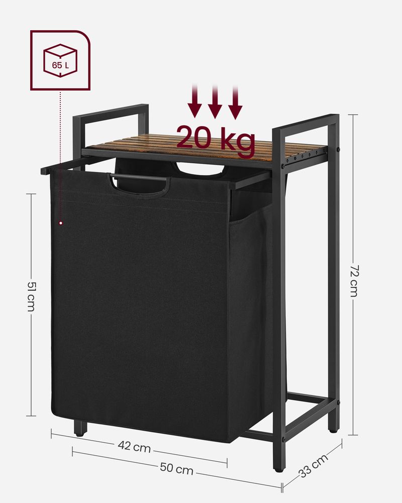 Schwarzer Wäschekorb mit Holzablagefläche - Wäschebehälter mit einem Fach (65L) fürs Badezimmer, Schlafzimmer