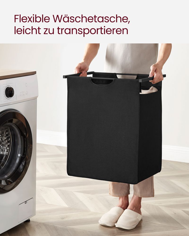 Schwarzer Wäschekorb mit Holzablagefläche - Wäschebehälter mit einem Fach (65L) fürs Badezimmer, Schlafzimmer