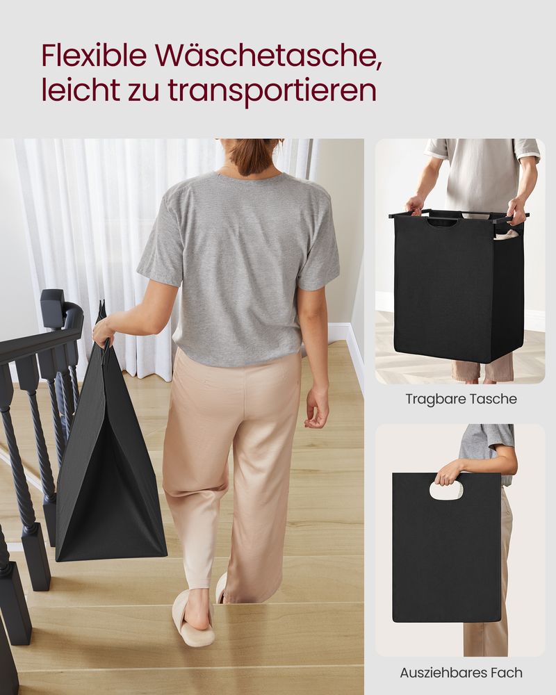 Schwarzer Wäschekorb mit Holzablagefläche - Wäschebehälter mit einem Fach (65L) fürs Badezimmer, Schlafzimmer