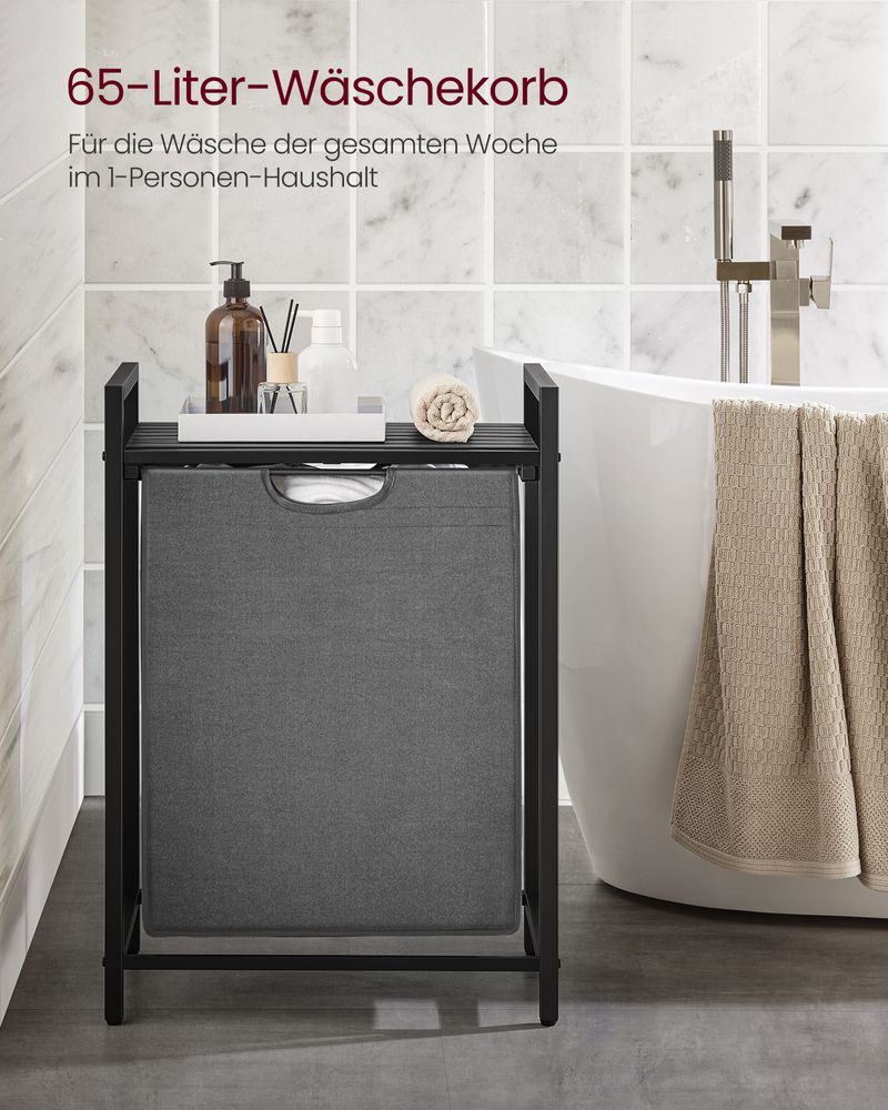 Grauer Wäschekorb mit Ablagefläche - Wäschebehälter mit einem Fach (65L) fürs Badezimmer, Schlafzimmer