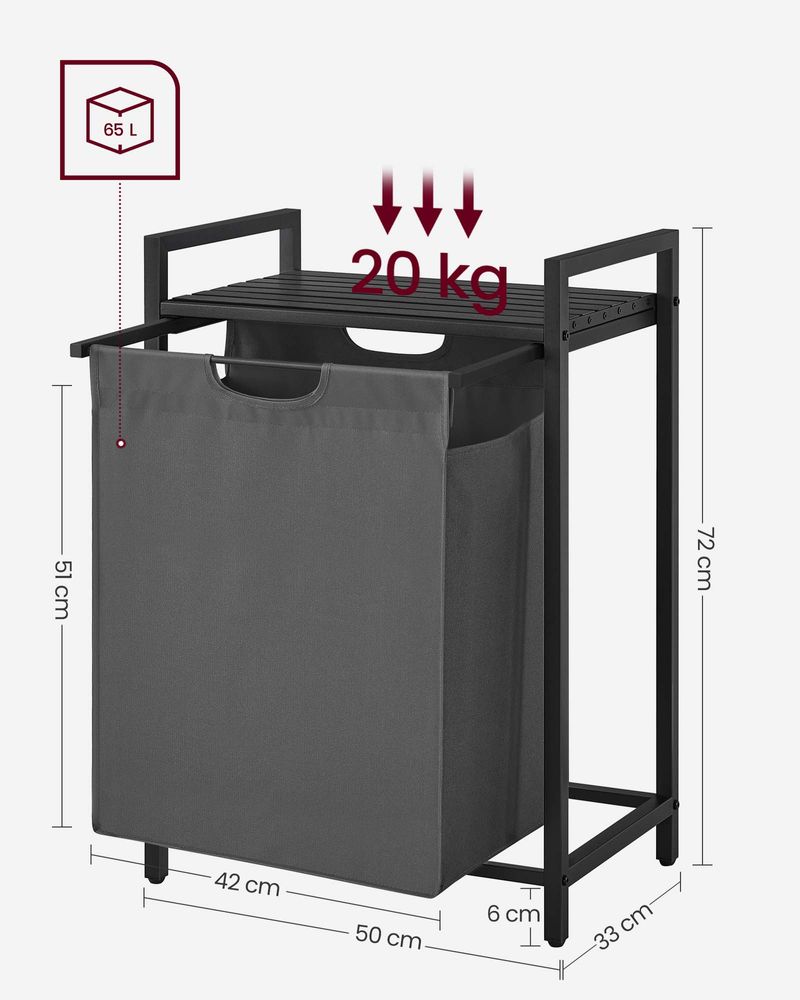 Grauer Wäschekorb mit Ablagefläche - Wäschebehälter mit einem Fach (65L) fürs Badezimmer, Schlafzimmer