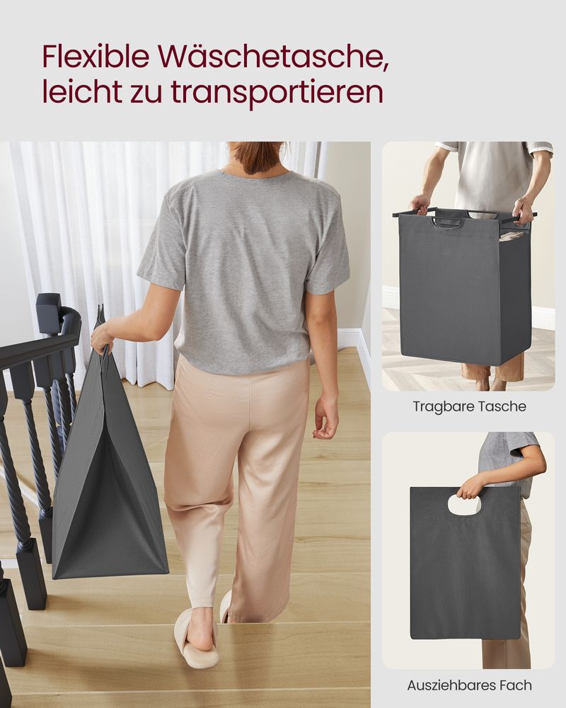 Grauer Wäschekorb mit Ablagefläche - Wäschebehälter mit einem Fach (65L) fürs Badezimmer, Schlafzimmer