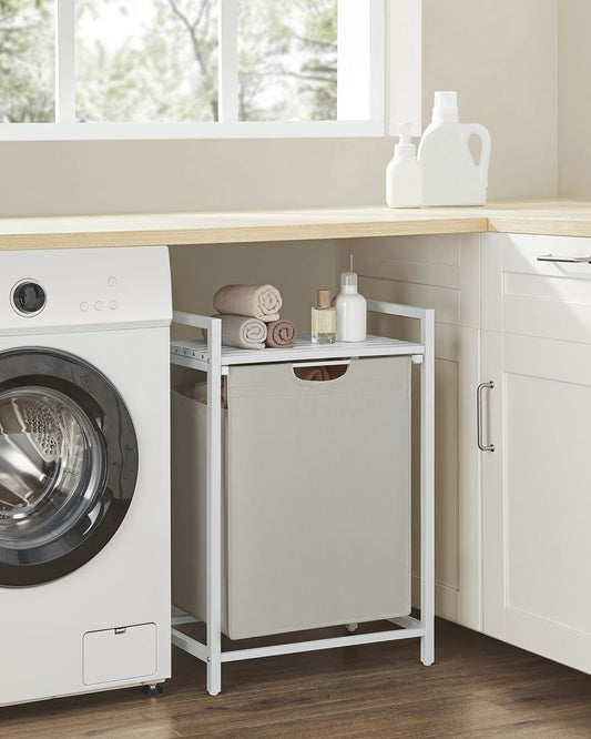 Weisser Wäschekorb mit Ablagefläche - Wäschebehälter mit einem Fach (65L) fürs Badezimmer, Schlafzimmer