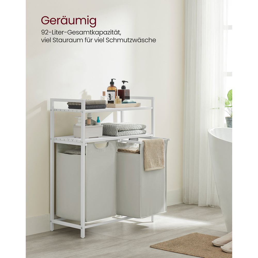 Weisser Wäschekorb mit 2 Ablageflächen - Wäschebehälter mit zwei Fächern fürs Badezimmer, Schlafzimmer