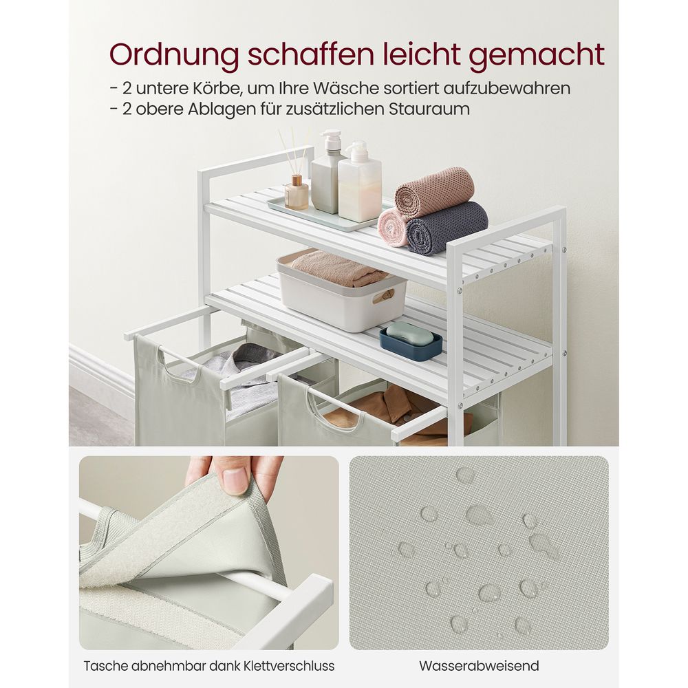 Weisser Wäschekorb mit 2 Ablageflächen - Wäschebehälter mit zwei Fächern fürs Badezimmer, Schlafzimmer