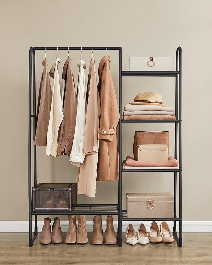 Kleiderständer mit 5 Ablagen – Freistehend, Mattschwarz, 101 cm breit, Metallrahmen