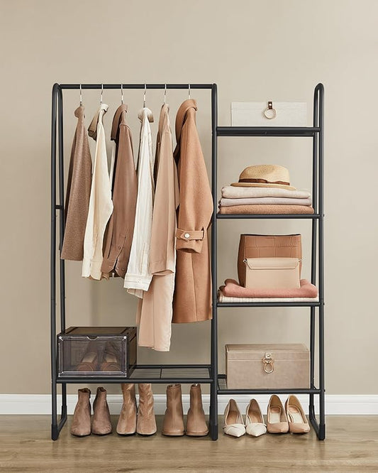 Kleiderständer mit 5 Ablagen – Freistehend, Mattschwarz, 101 cm breit, Metallrahmen