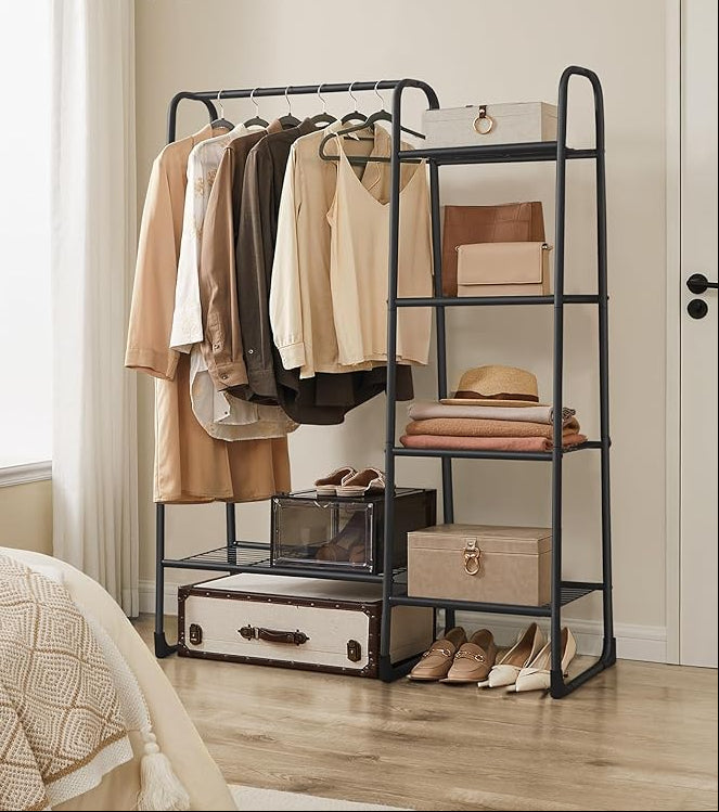 Kleiderständer mit 5 Ablagen – Freistehend, Mattschwarz, 101 cm breit, Metallrahmen