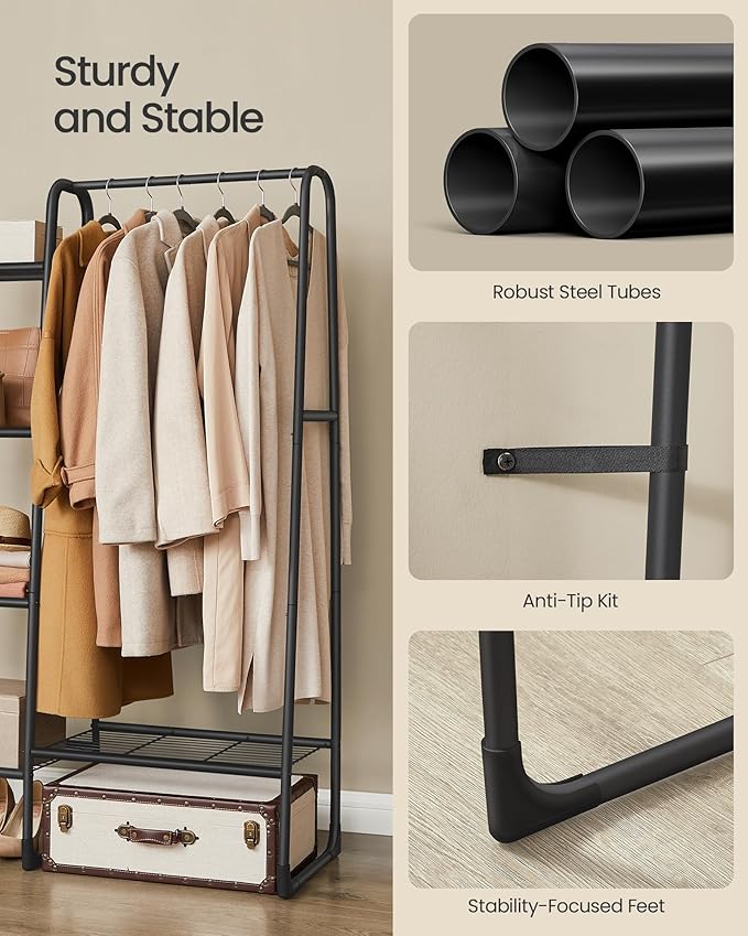 Kleiderständer mit 5 Ablagen – Freistehend, Mattschwarz, 101 cm breit, Metallrahmen