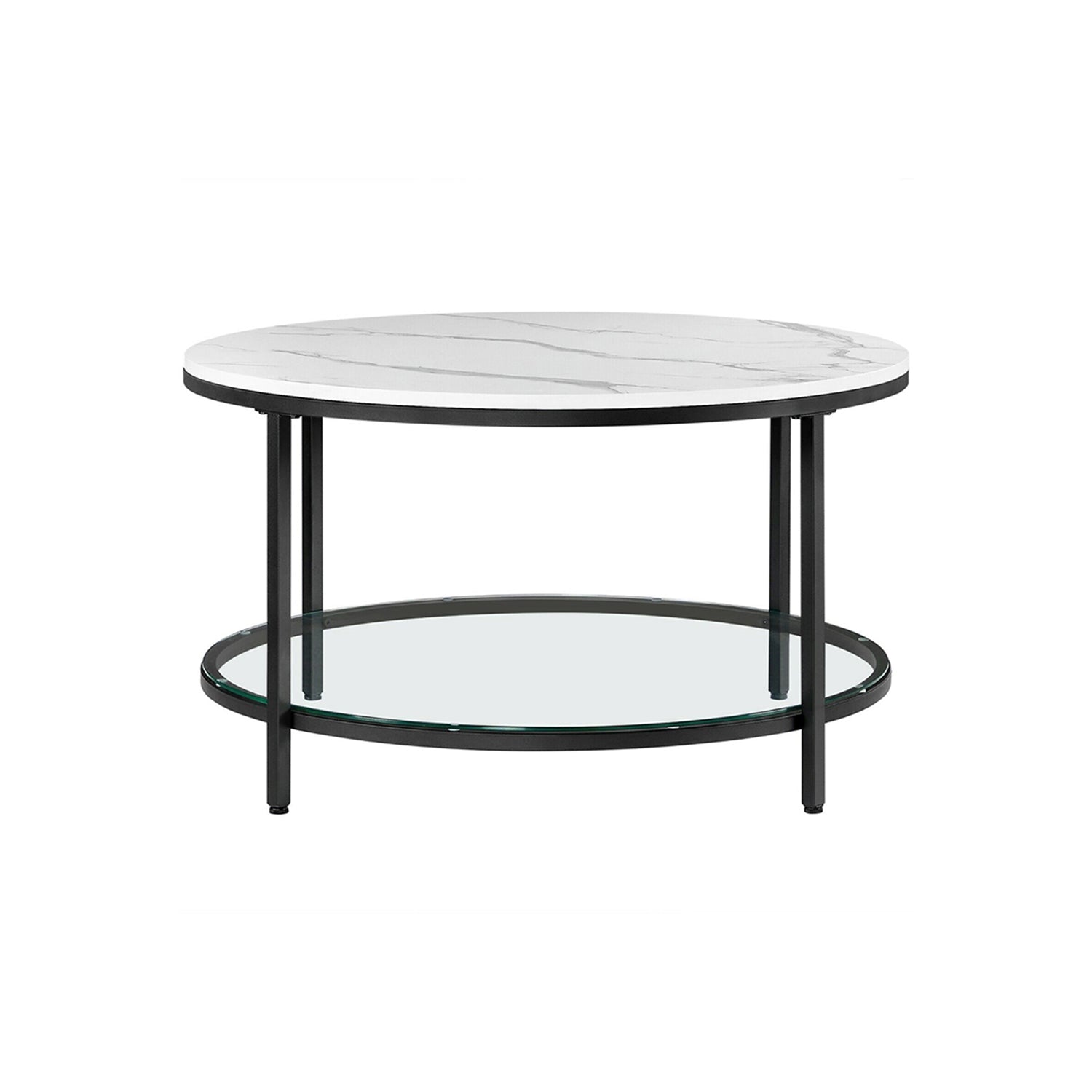 Runder Couchtisch mit Glasplatte & Marmoroptik – Ø 80 cm, Schwarz / Weiss, Modernes Design