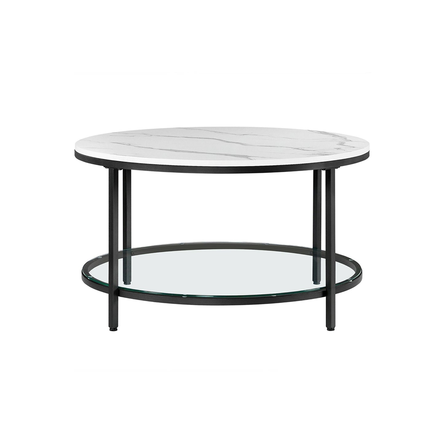 Runder Couchtisch mit Glasplatte & Marmoroptik – Ø 80 cm, Schwarz / Weiss, Modernes Design
