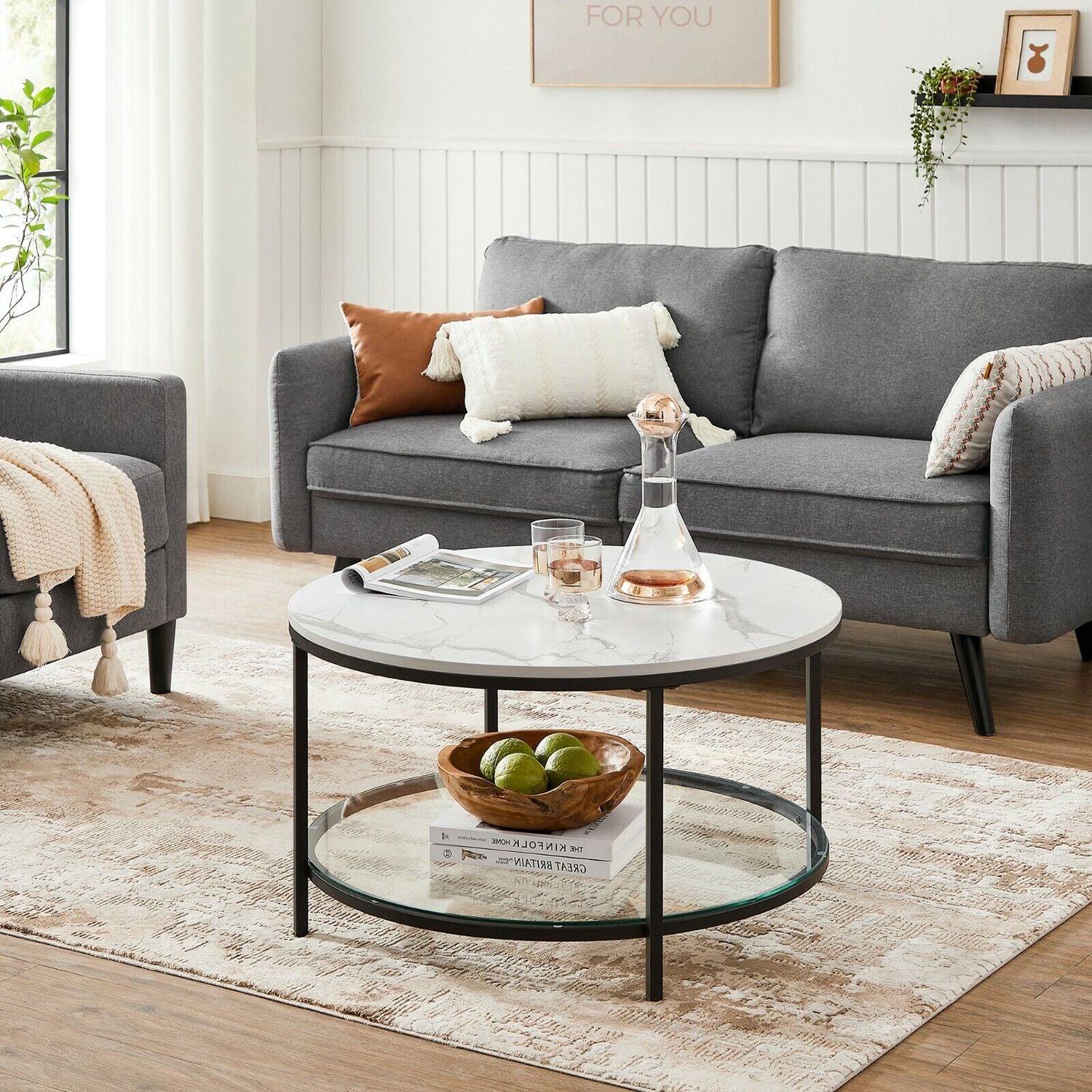 Runder Couchtisch mit Glasplatte & Marmoroptik – Ø 80 cm, Schwarz / Weiss, Modernes Design