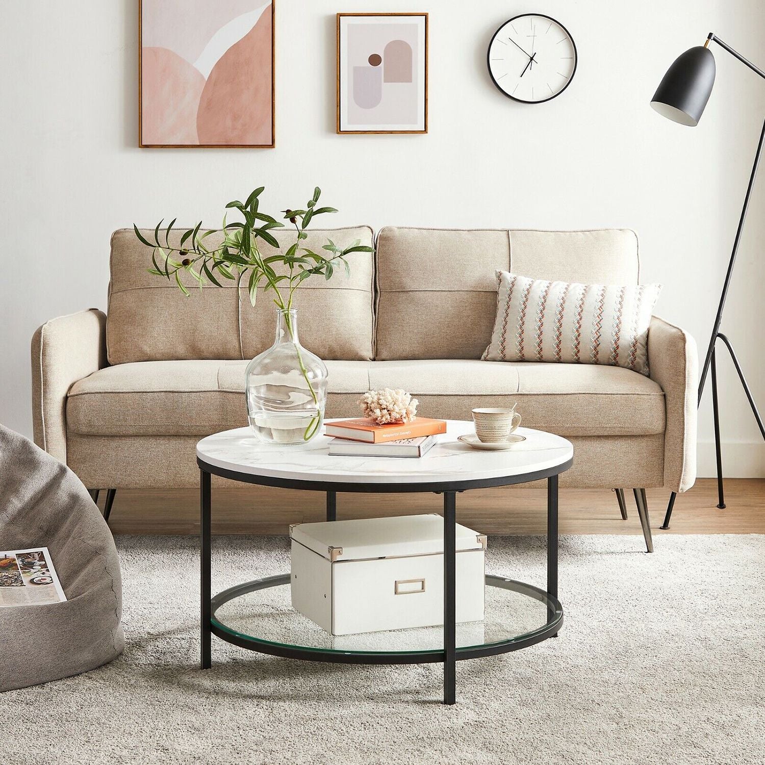 Runder Couchtisch mit Glasplatte & Marmoroptik – Ø 80 cm, Schwarz / Weiss, Modernes Design