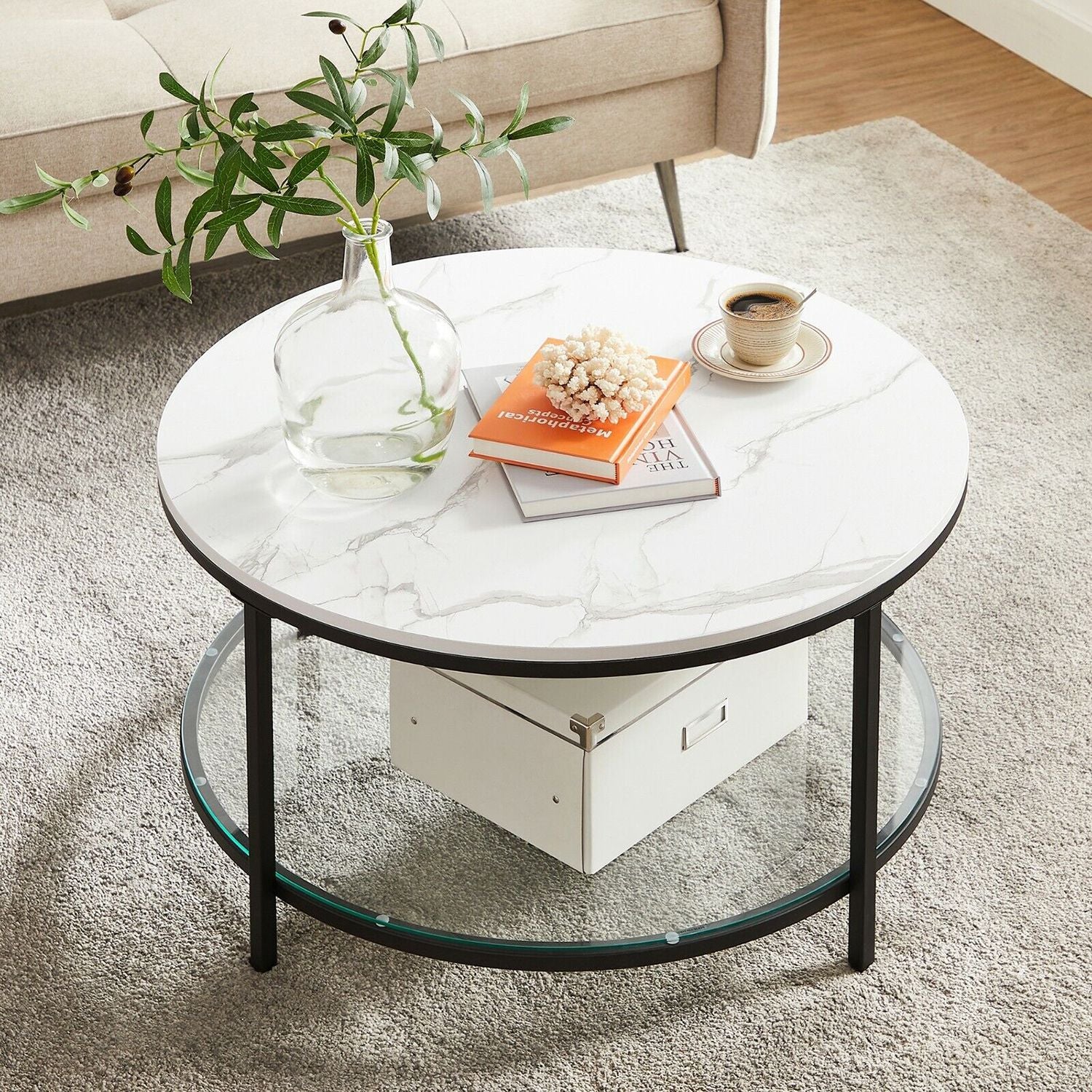 Runder Couchtisch mit Glasplatte & Marmoroptik – Ø 80 cm, Schwarz / Weiss, Modernes Design