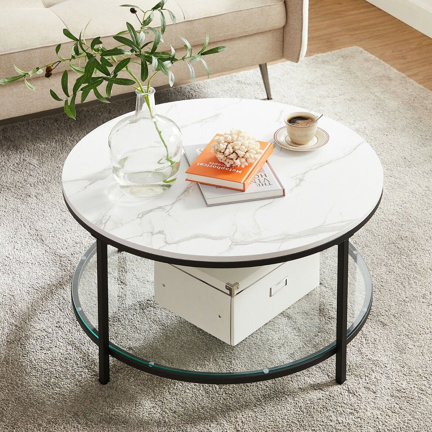 Runder Couchtisch mit Glasplatte & Marmoroptik – Ø 80 cm, Schwarz / Weiss, Modernes Design