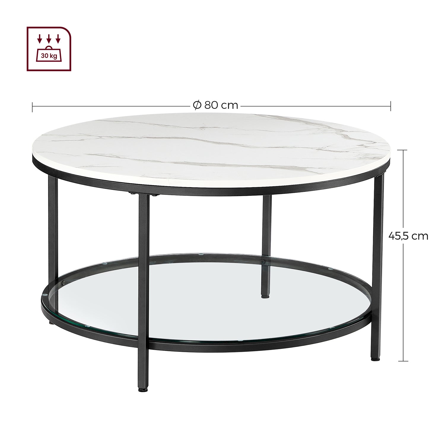 Runder Couchtisch mit Glasplatte & Marmoroptik – Ø 80 cm, Schwarz / Weiss, Modernes Design