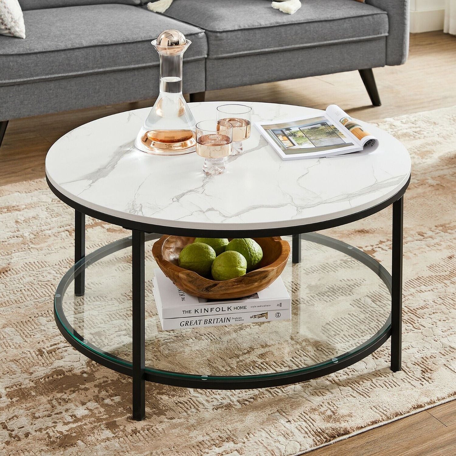 Runder Couchtisch mit Glasplatte & Marmoroptik – Ø 80 cm, Schwarz / Weiss, Modernes Design