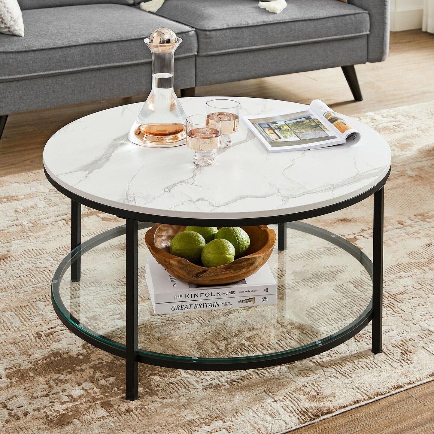 Runder Couchtisch mit Glasplatte & Marmoroptik – Ø 80 cm, Schwarz / Weiss, Modernes Design