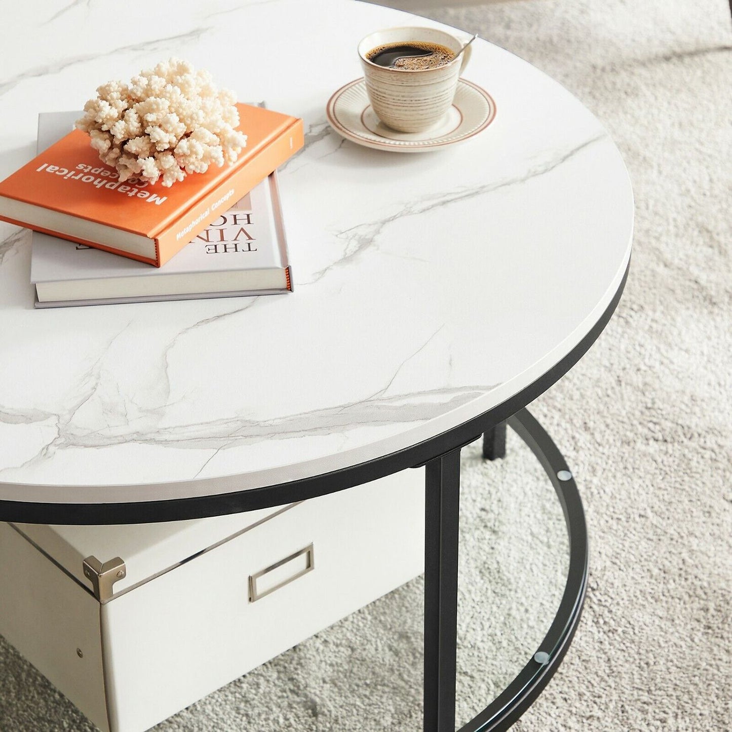 Runder Couchtisch mit Glasplatte & Marmoroptik – Ø 80 cm, Schwarz / Weiss, Modernes Design