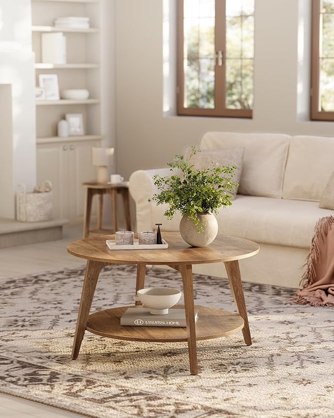 Couchtisch rund – 2 Ebenen, Ø 80 cm, Honigbraun, mit Ablage & Holzoptik