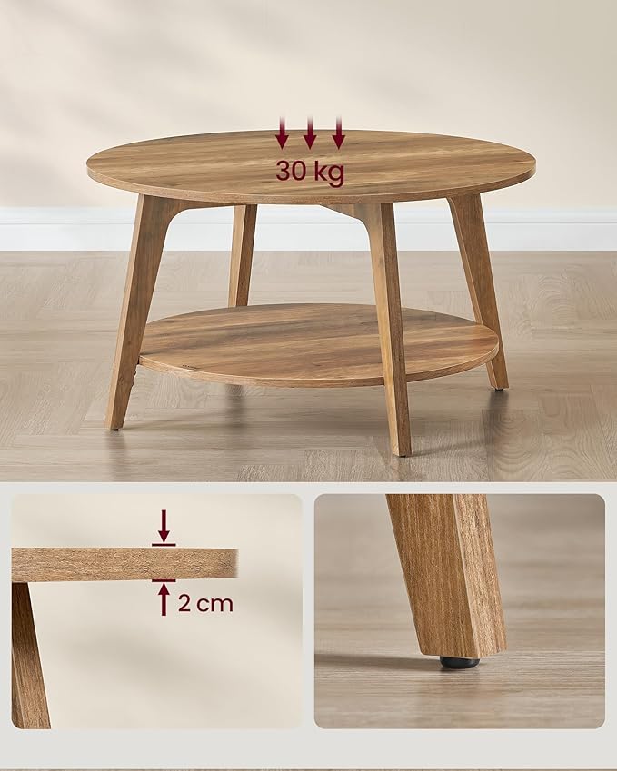 Couchtisch rund – 2 Ebenen, Ø 80 cm, Honigbraun, mit Ablage & Holzoptik