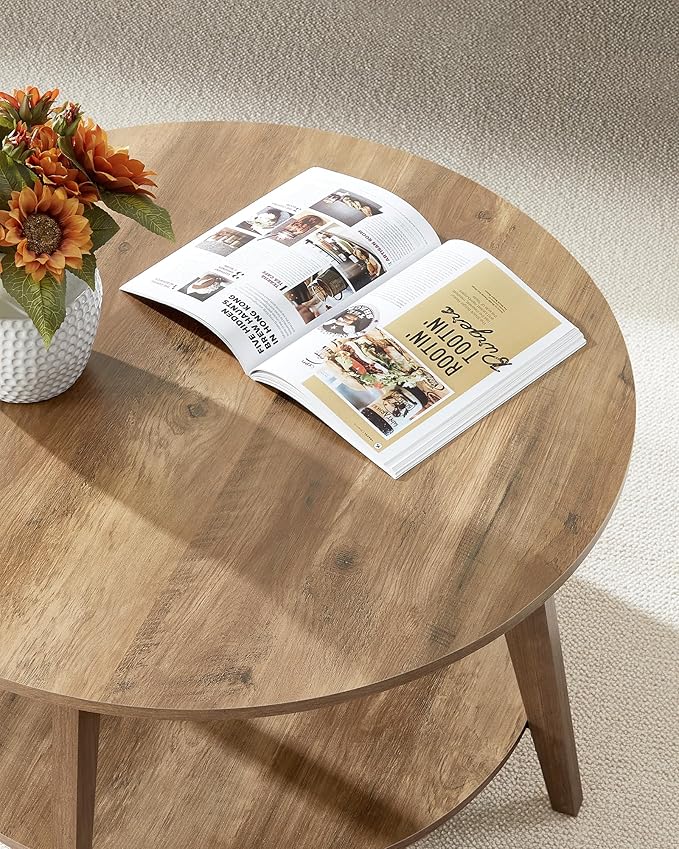 Couchtisch rund – 2 Ebenen, Ø 80 cm, Honigbraun, mit Ablage & Holzoptik