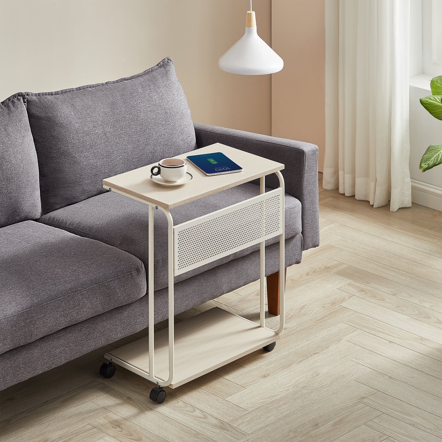 Beistelltisch C-Form mit Rollen – Cremeweiss, Höhenverstellbar & Mobil, Industrial Design