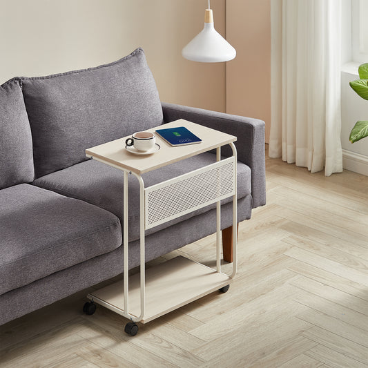 Beistelltisch C-Form mit Rollen – Cremeweiss, Höhenverstellbar & Mobil, Industrial Design