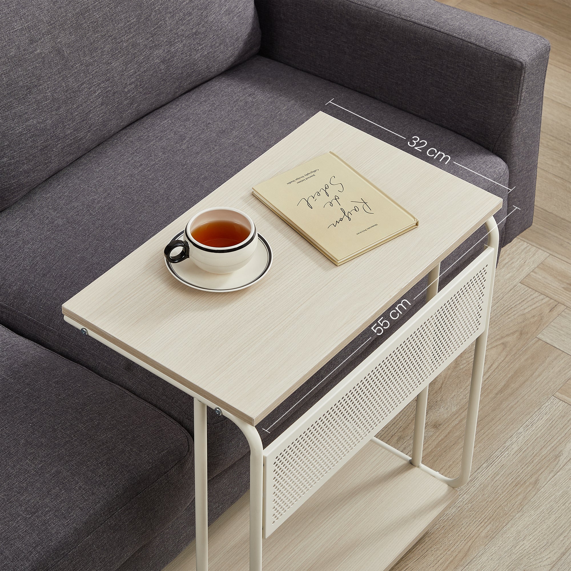 Beistelltisch C-Form mit Rollen – Cremeweiss, Höhenverstellbar & Mobil, Industrial Design