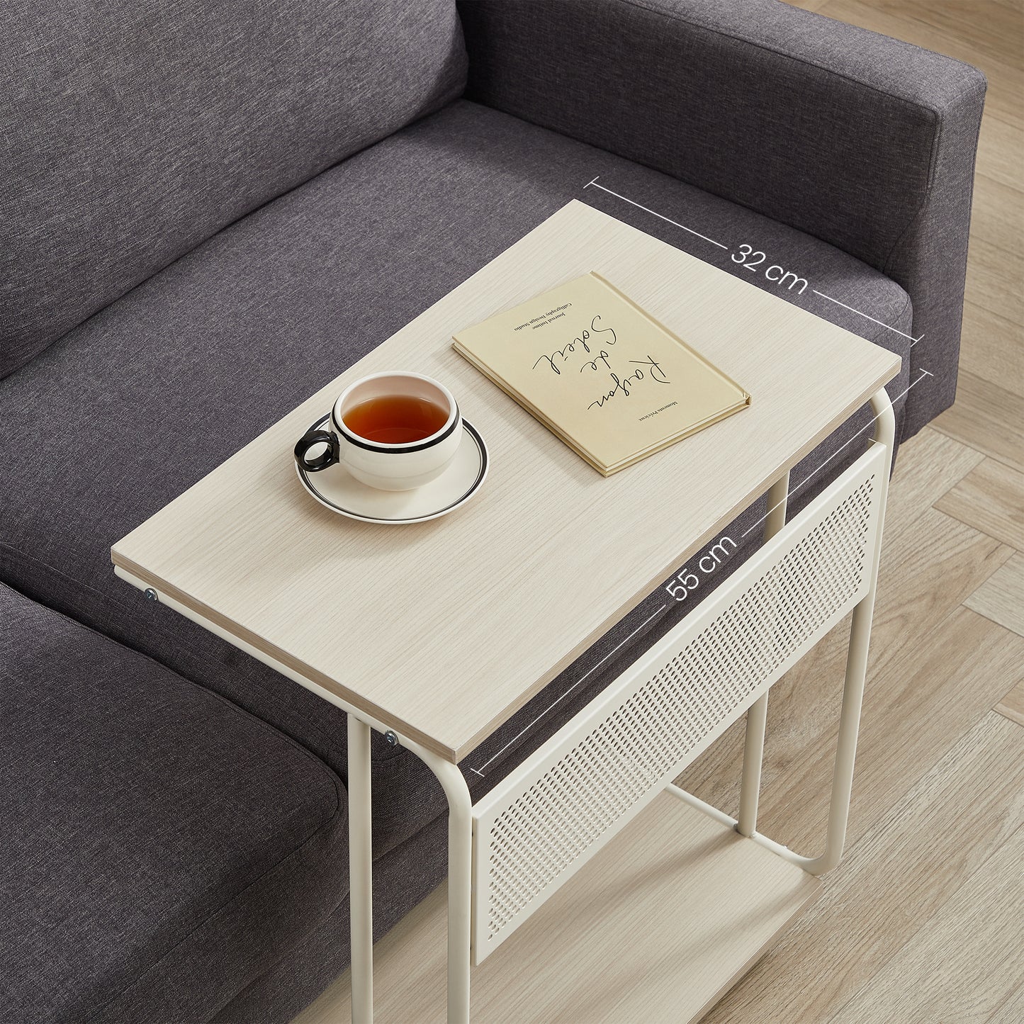 Beistelltisch C-Form mit Rollen – Cremeweiss, Höhenverstellbar & Mobil, Industrial Design