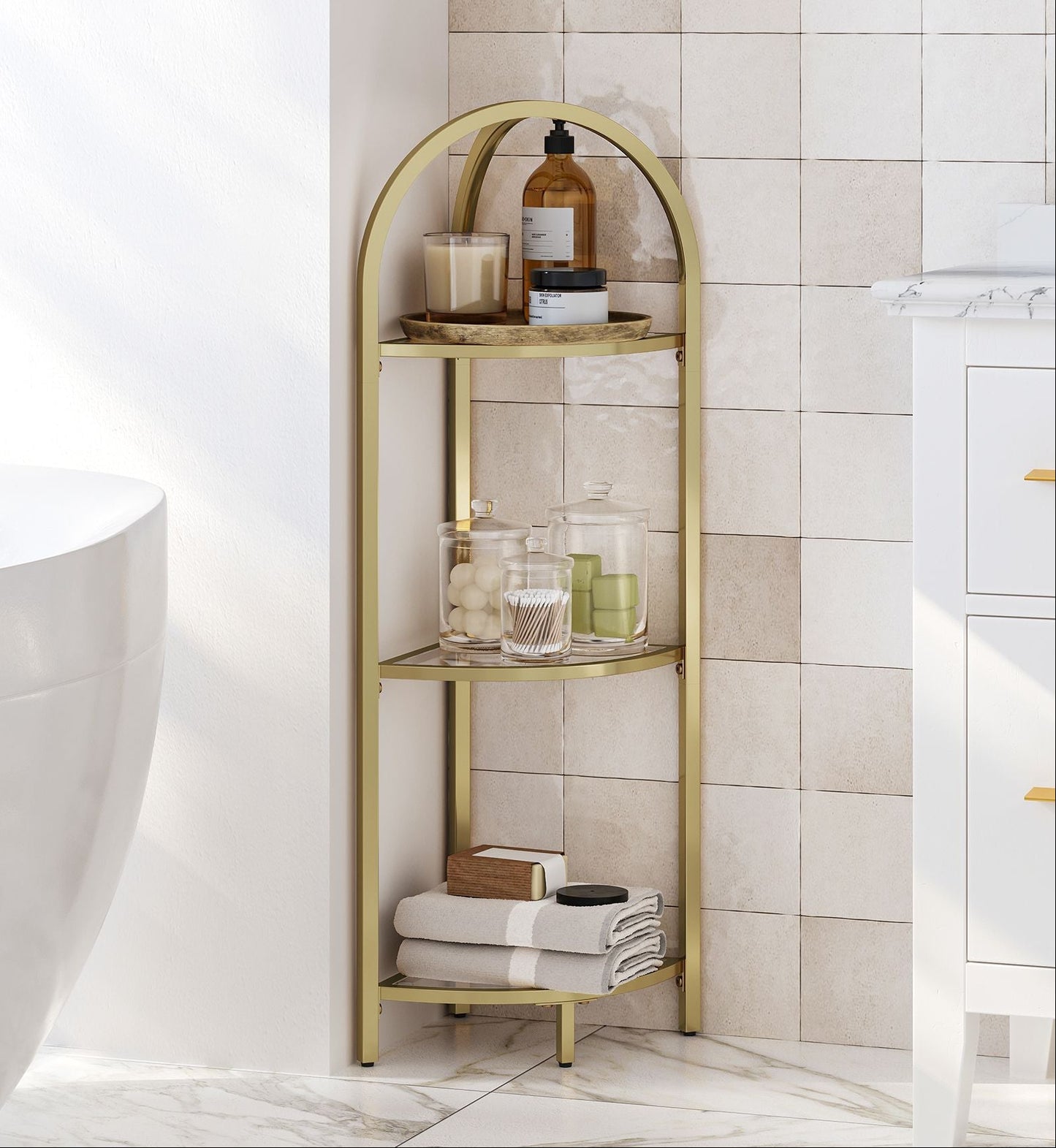 Eckregal mit Glasböden – 3 Ebenen, Gold, Modernes Design für Bad & Wohnzimmer
