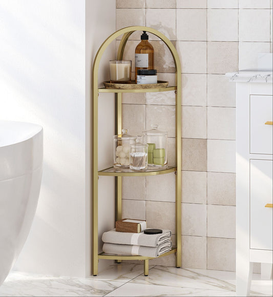 Eckregal mit Glasböden – 3 Ebenen, Gold, Modernes Design für Bad & Wohnzimmer