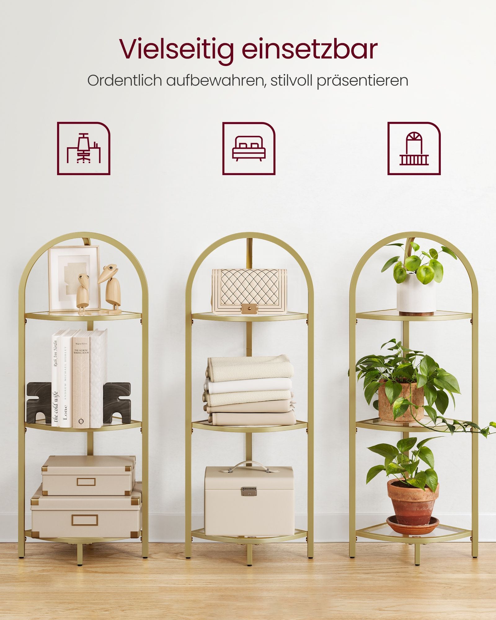 Eckregal mit Glasböden – 3 Ebenen, Gold, Modernes Design für Bad & Wohnzimmer
