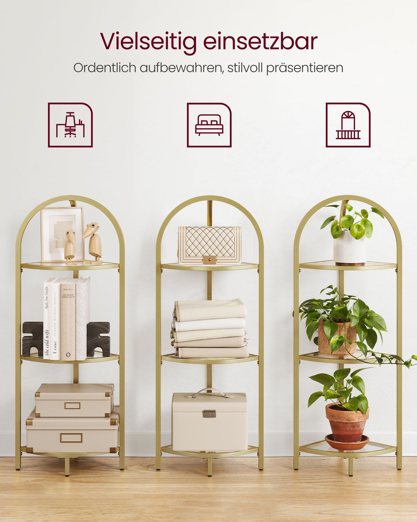 Eckregal mit Glasböden – 3 Ebenen, Gold, Modernes Design für Bad & Wohnzimmer