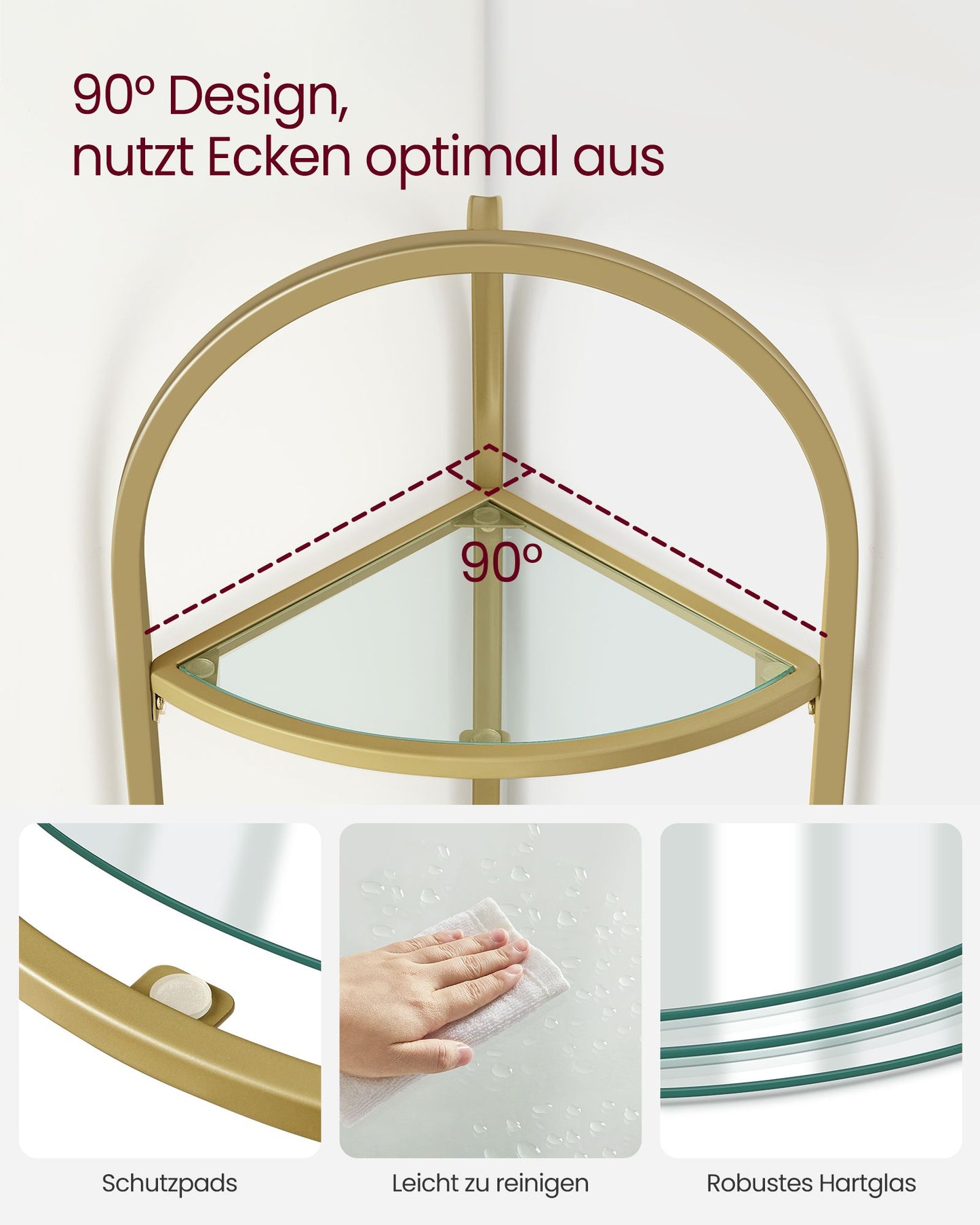 Eckregal mit Glasböden – 3 Ebenen, Gold, Modernes Design für Bad & Wohnzimmer
