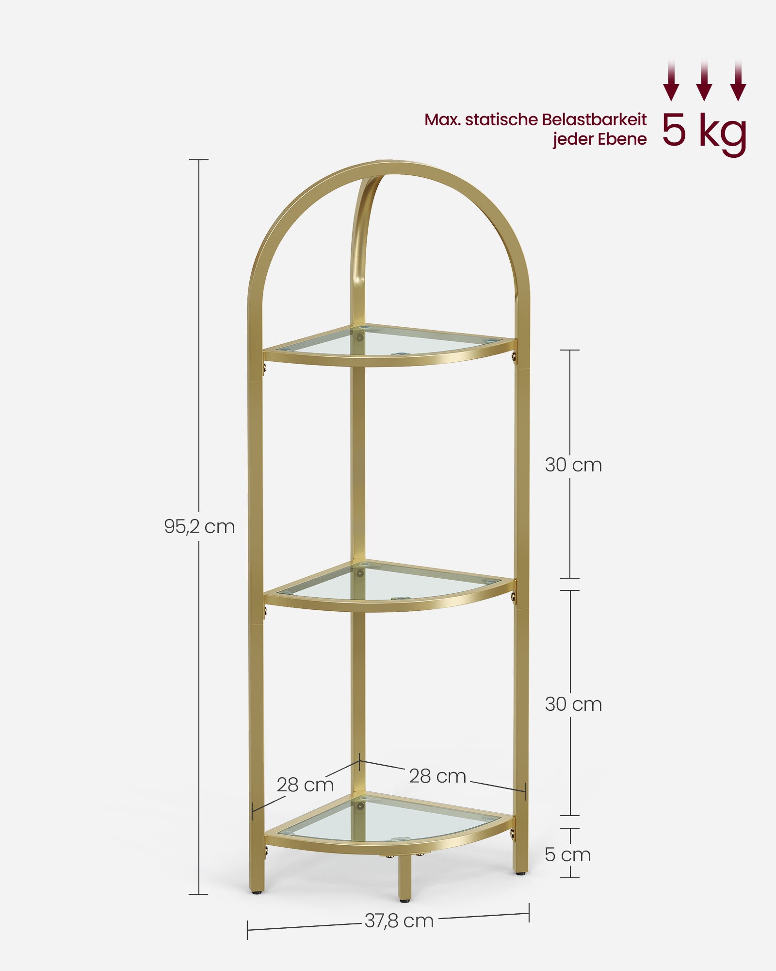 Eckregal mit Glasböden – 3 Ebenen, Gold, Modernes Design für Bad & Wohnzimmer