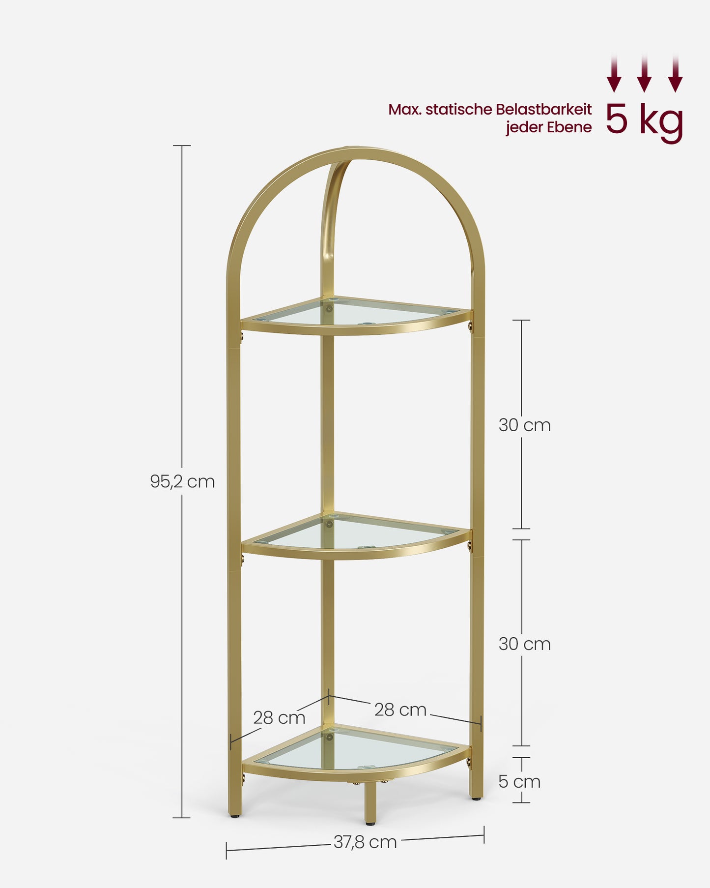 Eckregal mit Glasböden – 3 Ebenen, Gold, Modernes Design für Bad & Wohnzimmer