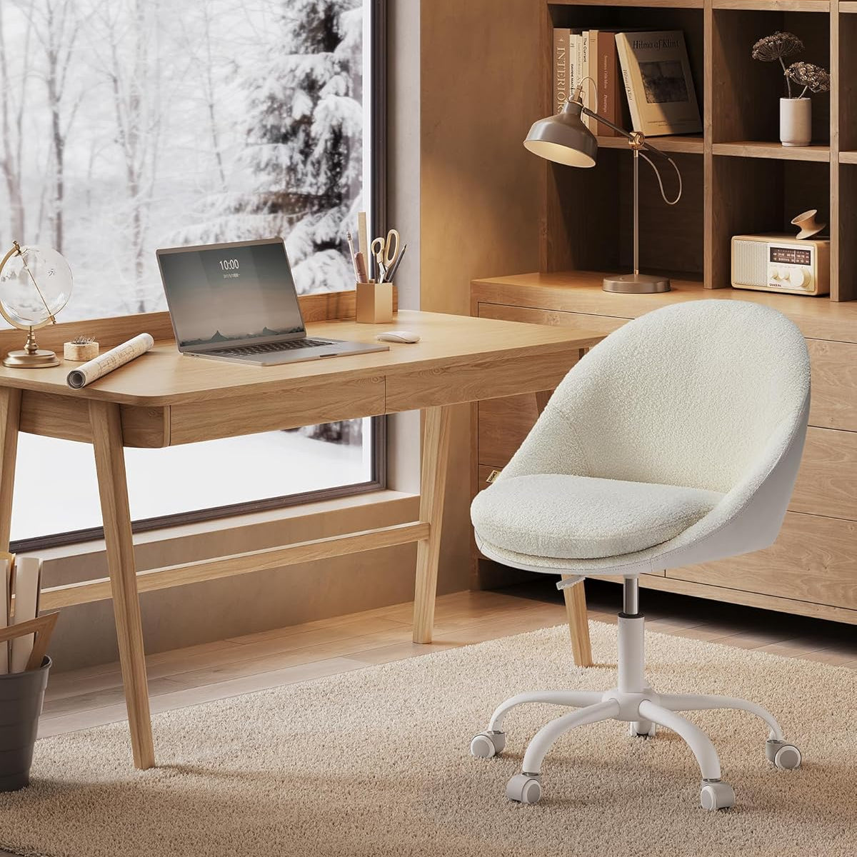 Drehstuhl ohne Armlehnen – Sherpa Stoff, verstellbar, Cappuccino Beige / Weiss