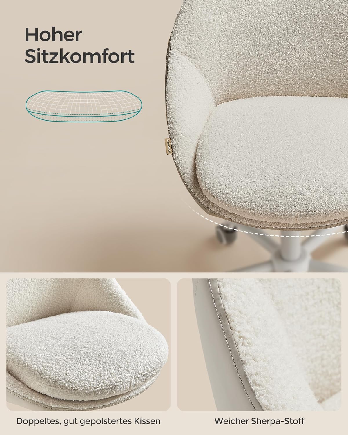Drehstuhl ohne Armlehnen – Sherpa Stoff, verstellbar, Cappuccino Beige / Weiss