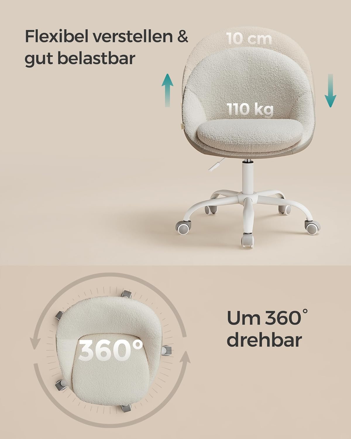 Drehstuhl ohne Armlehnen – Sherpa Stoff, verstellbar, Cappuccino Beige / Weiss