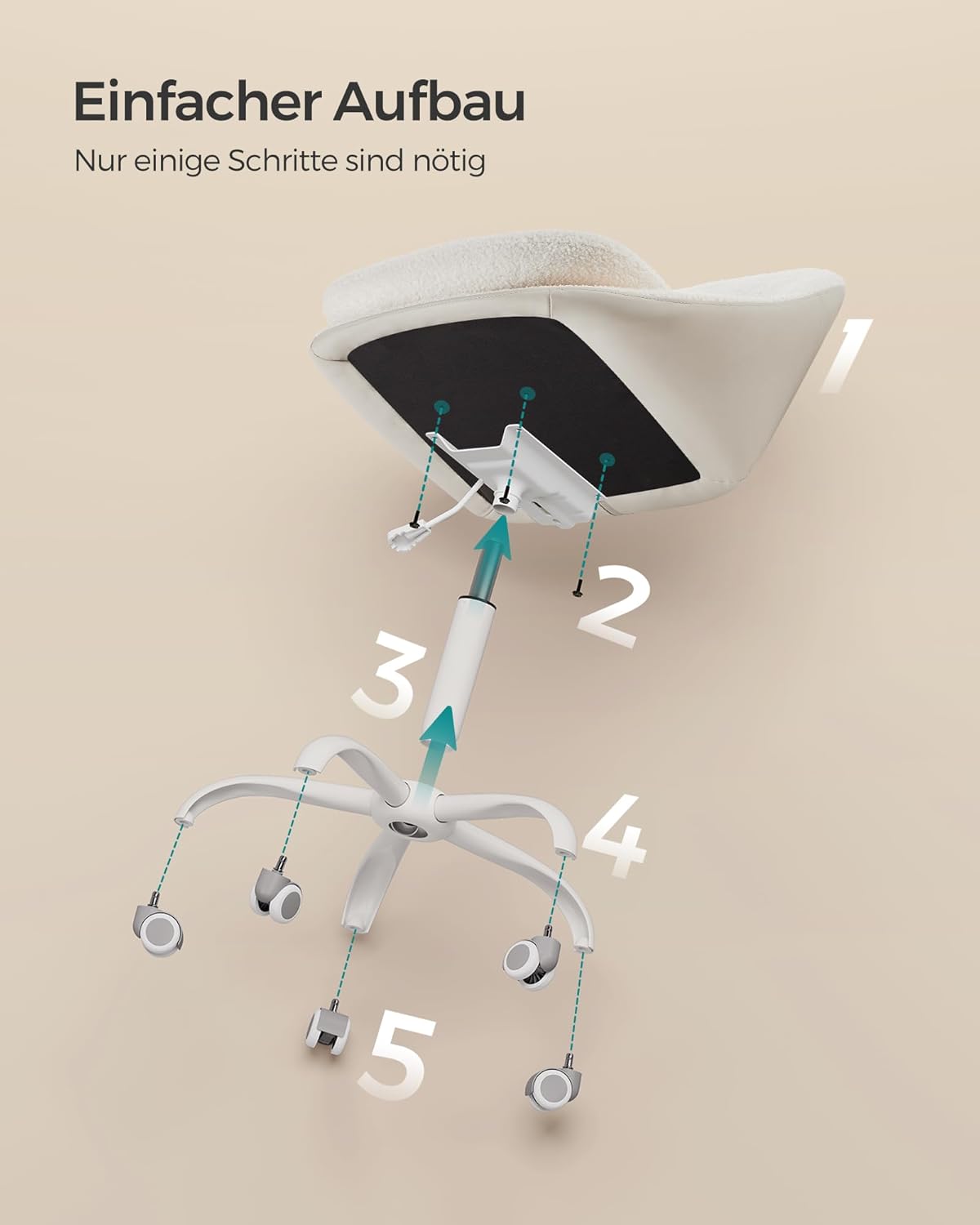 Drehstuhl ohne Armlehnen – Sherpa Stoff, verstellbar, Cappuccino Beige / Weiss