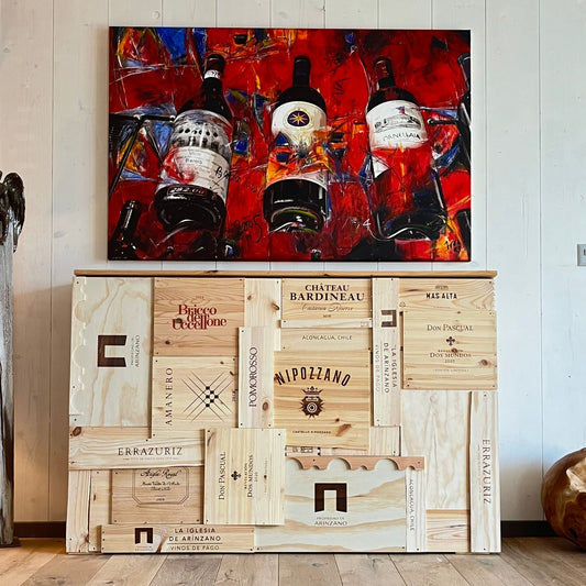 Premium TV-Möbel mit eingebauten TV-Lift und echten Weinkisten - Designer Fernsehmöbel Flexwood